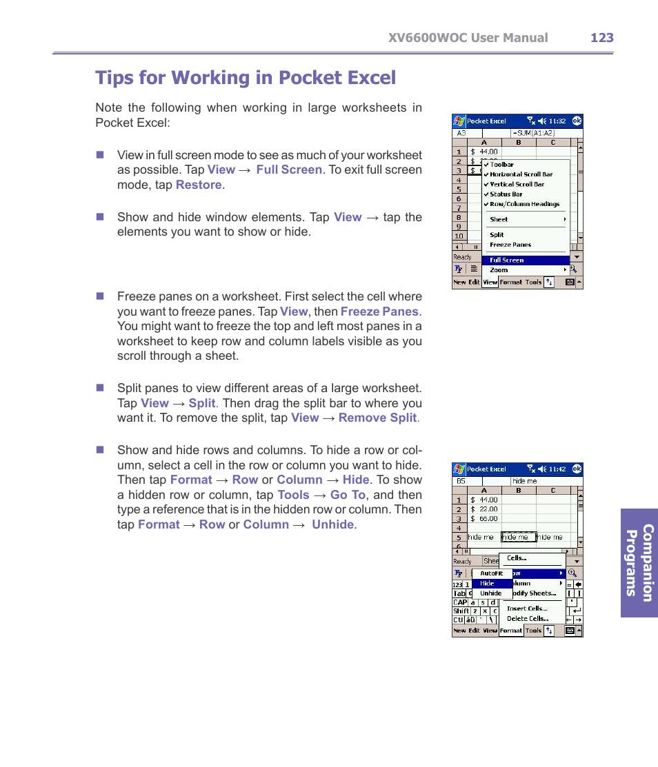 Tips for working in pocket excel | Verizon Wireless XV6600WOC User Manual | Page 123 / 158