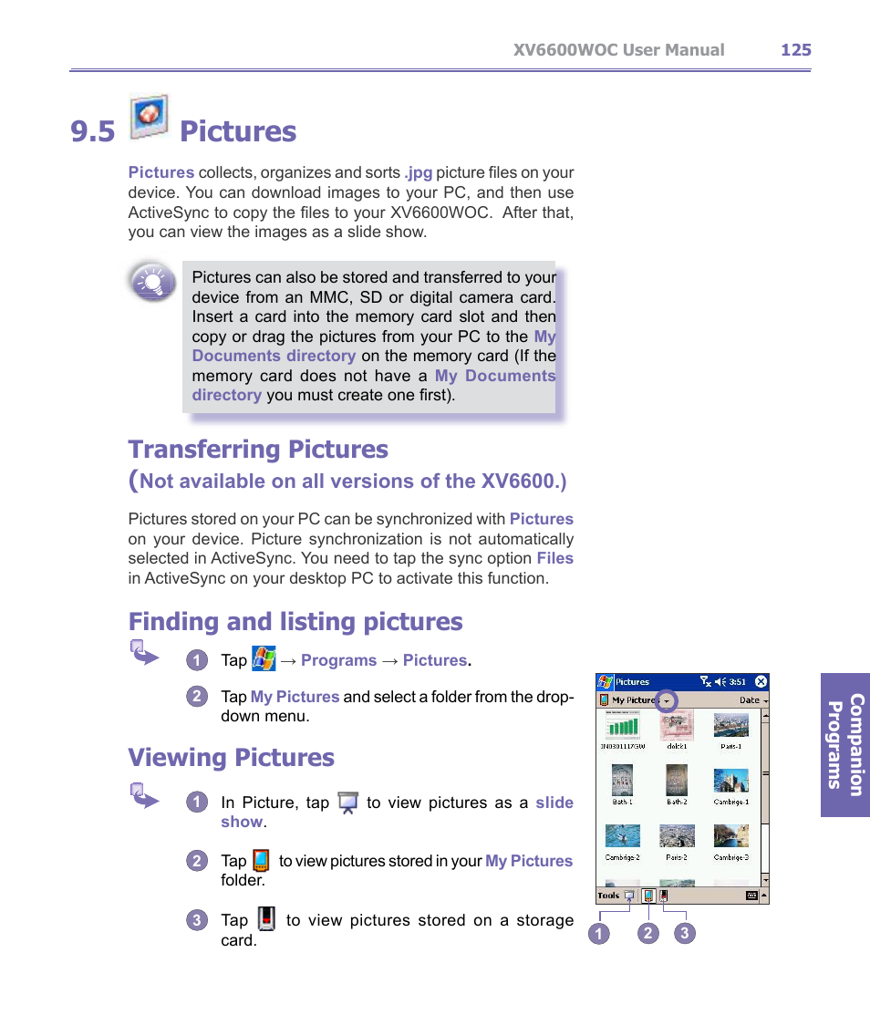 5 ￼ pictures, Pictures, 5 pictures | Transferring pictures, Finding and listing pictures, Viewing pictures, Not available on all versions of the xv6600.) | Verizon Wireless XV6600WOC User Manual | Page 125 / 158