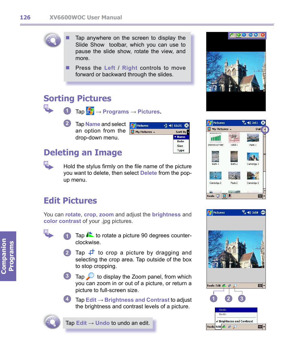 Sorting pictures, Deleting an image, Edit pictures | Verizon Wireless XV6600WOC User Manual | Page 126 / 158