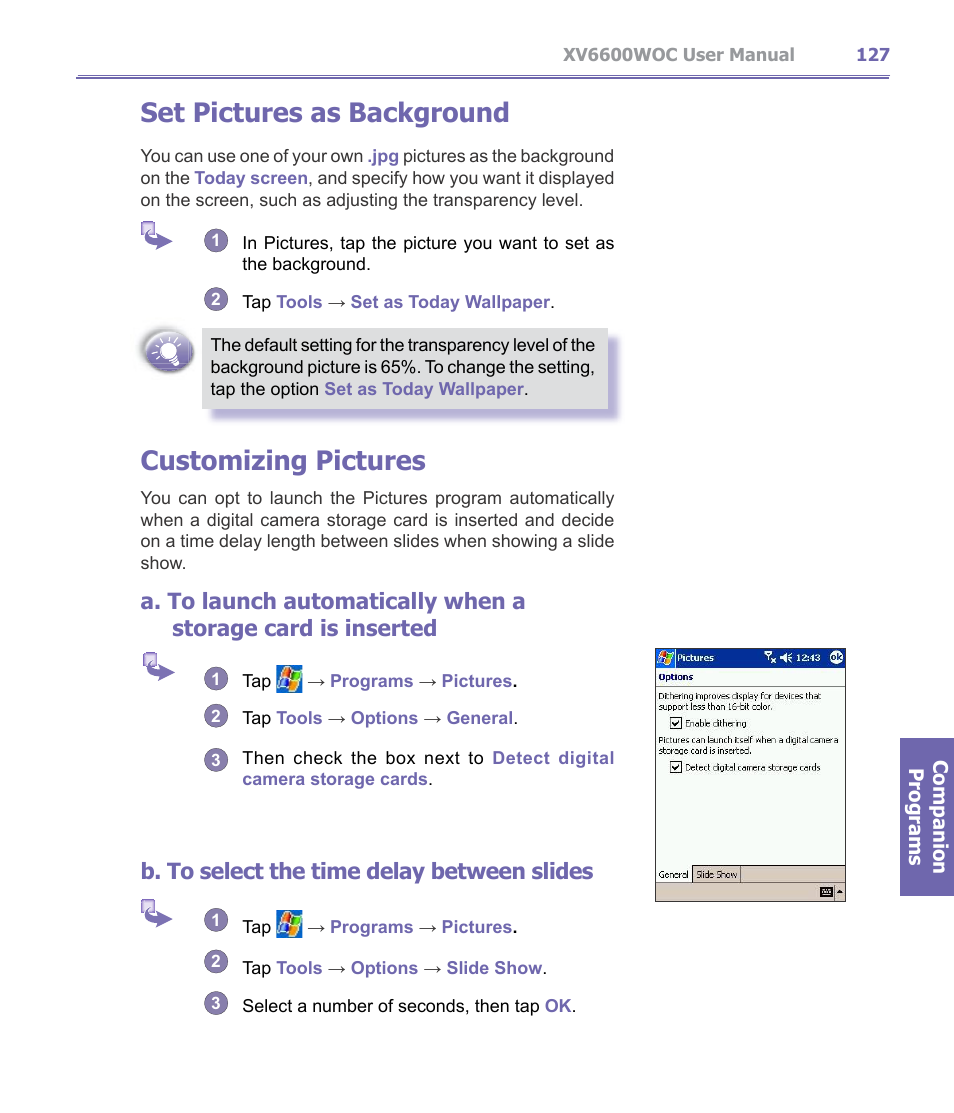 Set pictures as background, Customizing pictures, B. to select the time delay between slides | Verizon Wireless XV6600WOC User Manual | Page 127 / 158