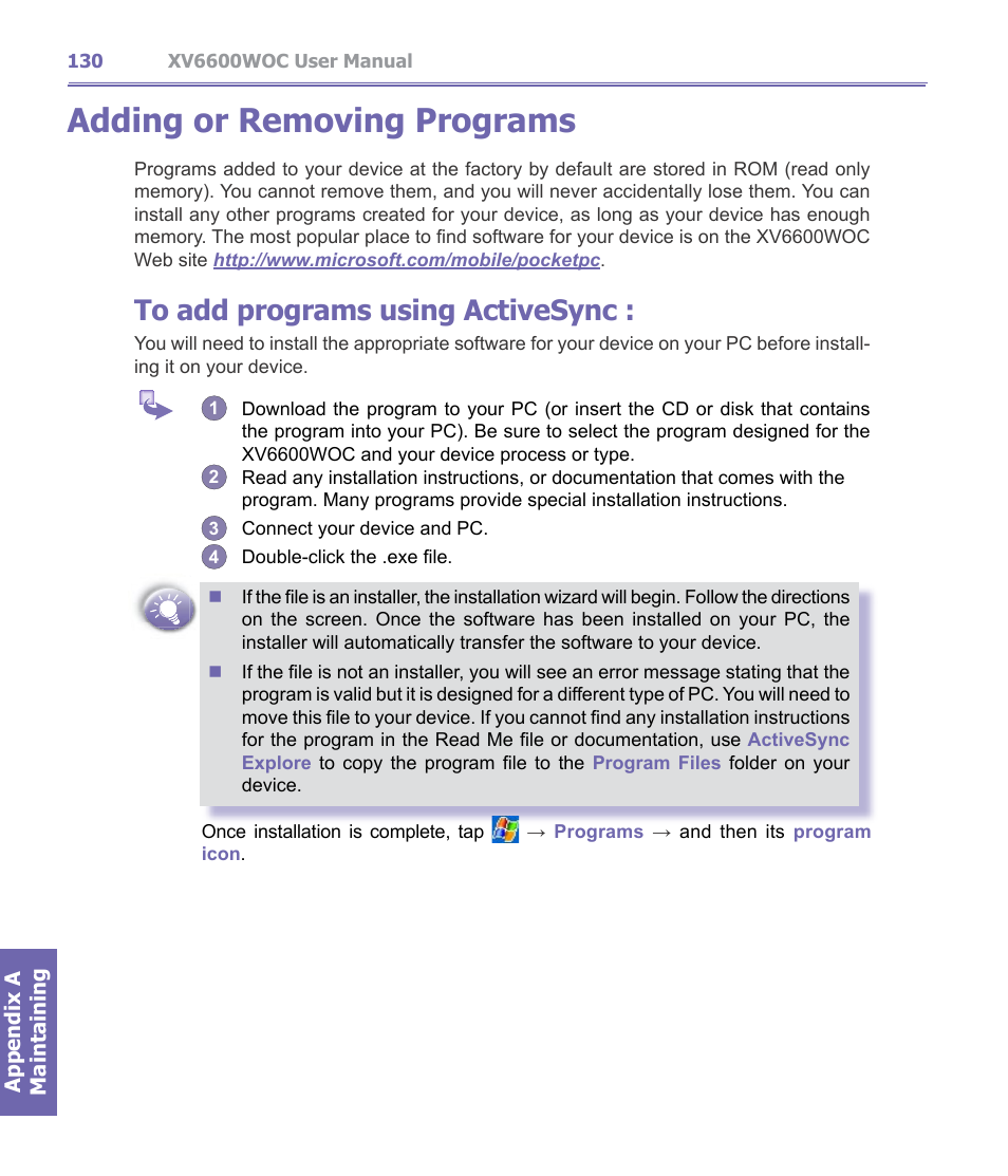 Adding or removing programs | Verizon Wireless XV6600WOC User Manual | Page 130 / 158