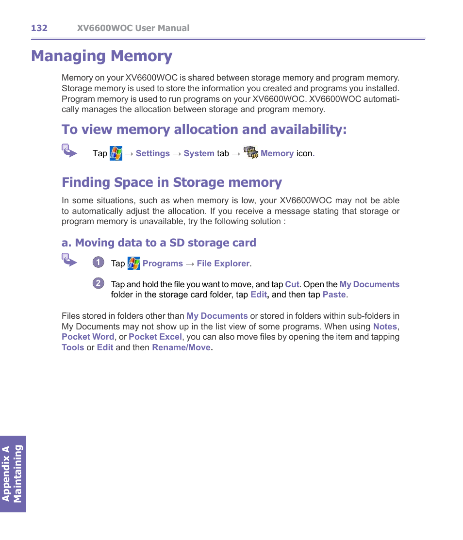 A. moving data to a sd storage card | Verizon Wireless XV6600WOC User Manual | Page 132 / 158