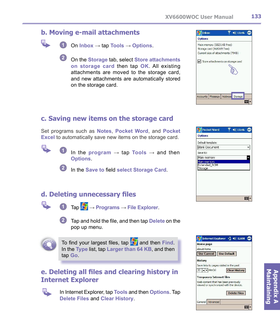 B. moving e-mail attachments, C. saving new items on the storage card, D. deleting unnecessary files | Verizon Wireless XV6600WOC User Manual | Page 133 / 158