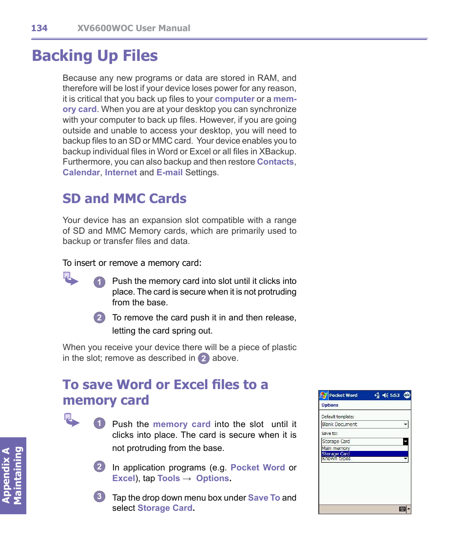 Backing up files, Sd and mmc cards | Verizon Wireless XV6600WOC User Manual | Page 134 / 158