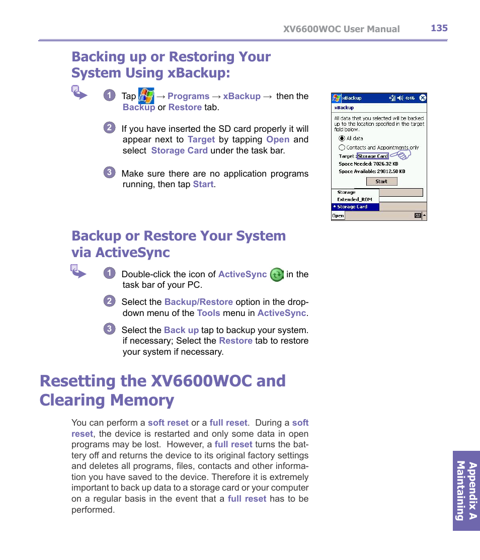 Backing up or restoring your system using xbackup, Backup or restore your system via activesync | Verizon Wireless XV6600WOC User Manual | Page 135 / 158