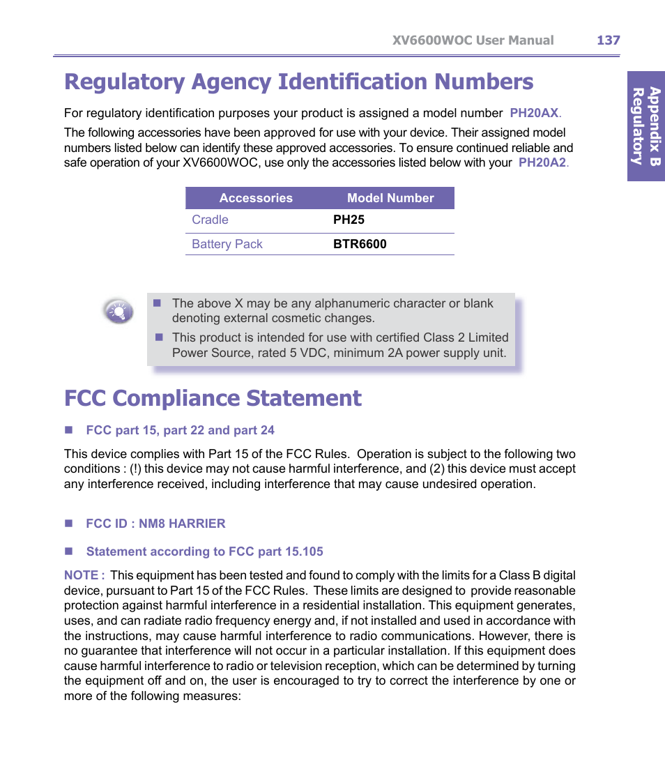 Regulatory agency identification numbers, Fcc compliance statement | Verizon Wireless XV6600WOC User Manual | Page 137 / 158