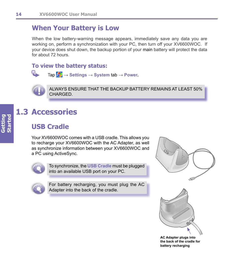 3 accessories, Accessories, When your battery is low | Usb cradle | Verizon Wireless XV6600WOC User Manual | Page 14 / 158