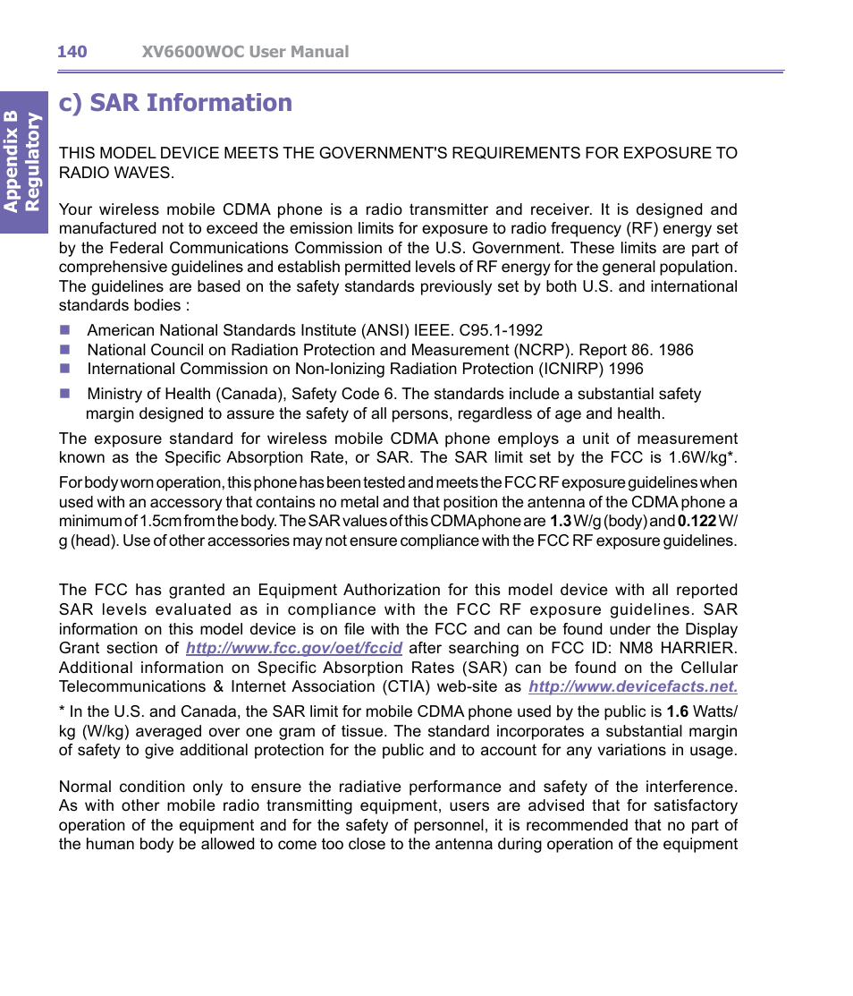 C) sar information | Verizon Wireless XV6600WOC User Manual | Page 140 / 158