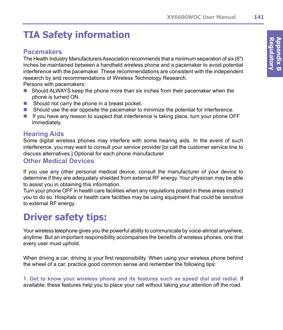 Tia safety information, Driver safety tips, Pacemakers | Hearing aids, Other medical devices | Verizon Wireless XV6600WOC User Manual | Page 141 / 158