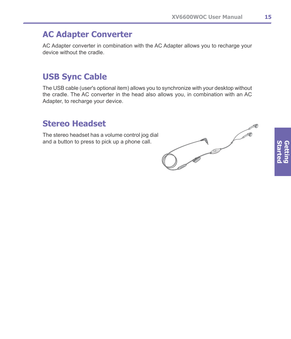 Ac adapter converter, Usb sync cable, Stereo headset | Verizon Wireless XV6600WOC User Manual | Page 15 / 158