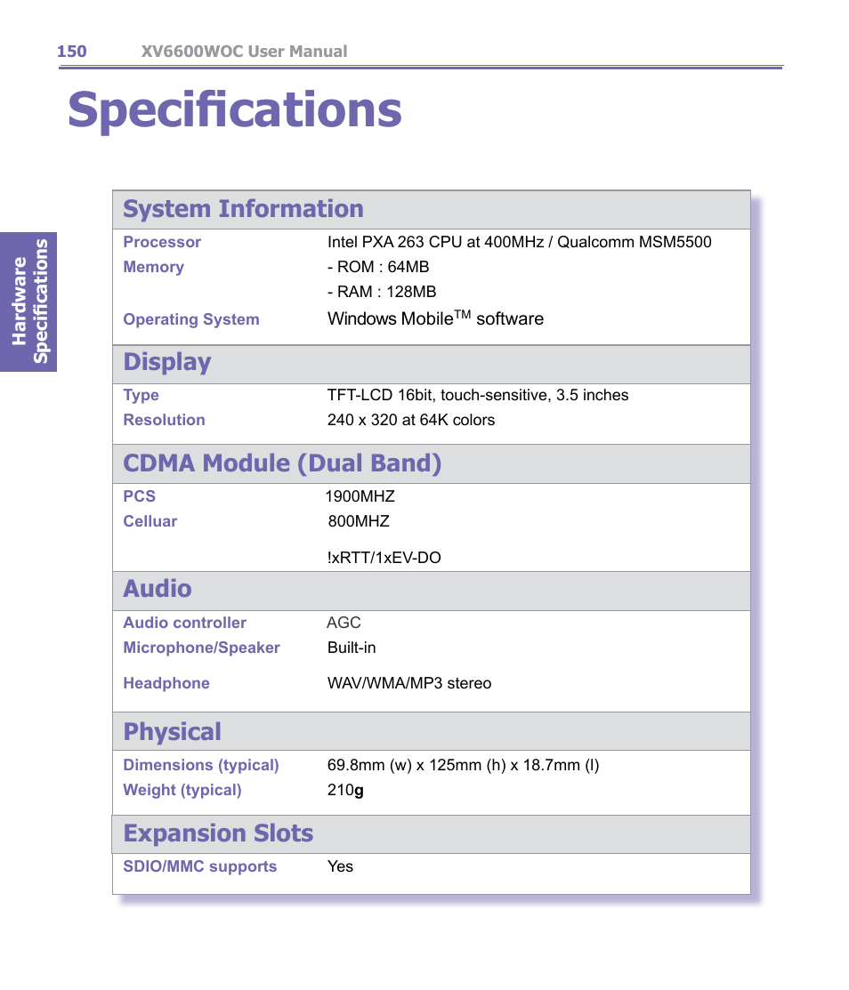 Specifications, System information, Display | Cdma module (dual band), Audio, Physical, Expansion slots | Verizon Wireless XV6600WOC User Manual | Page 150 / 158