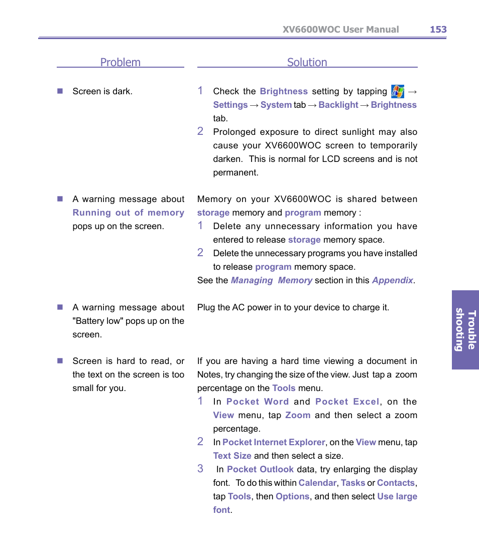 Solution 1, Problem | Verizon Wireless XV6600WOC User Manual | Page 153 / 158