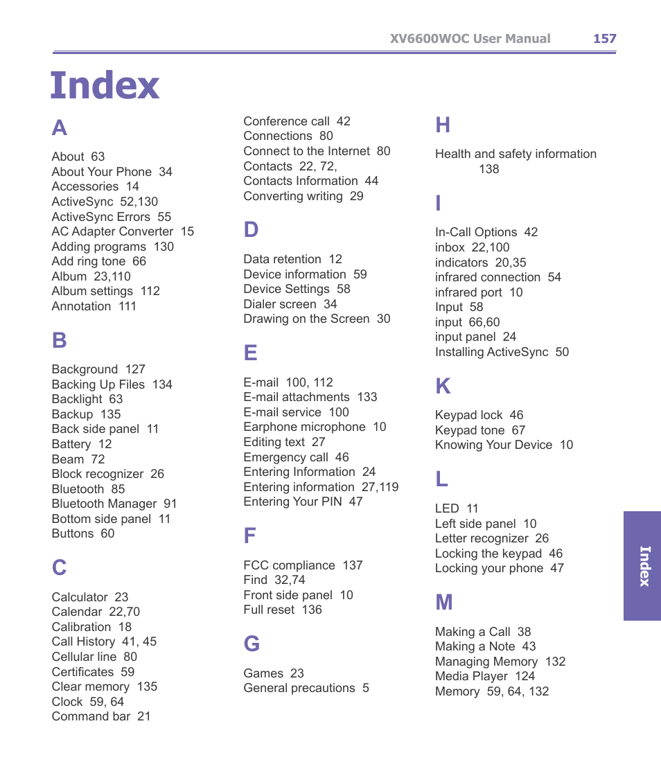 Index, Appendic : c index | Verizon Wireless XV6600WOC User Manual | Page 157 / 158