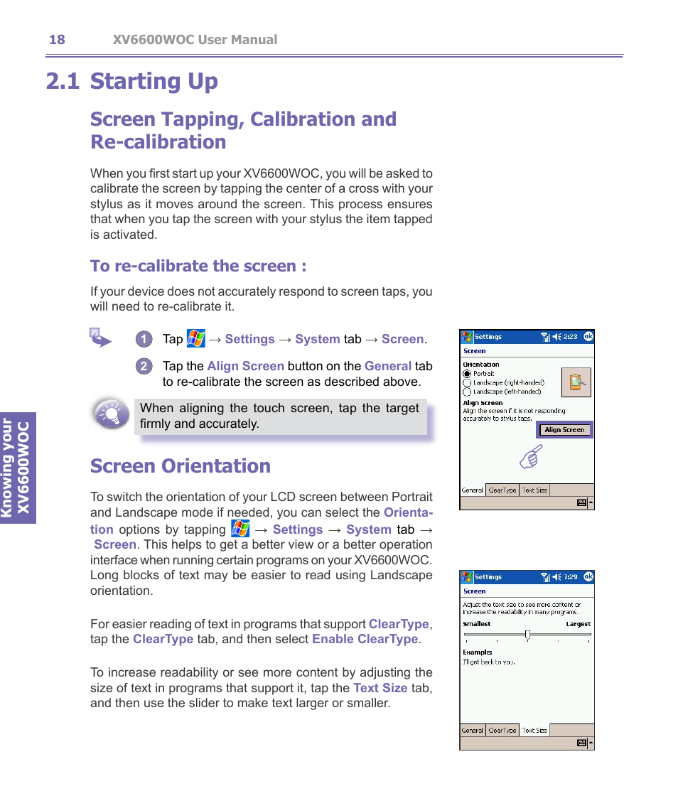 1 starting up, Starting up, Screen tapping, calibration and re-calibration | Screen orientation | Verizon Wireless XV6600WOC User Manual | Page 18 / 158