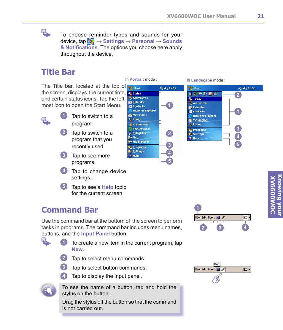 Title bar command bar | Verizon Wireless XV6600WOC User Manual | Page 21 / 158