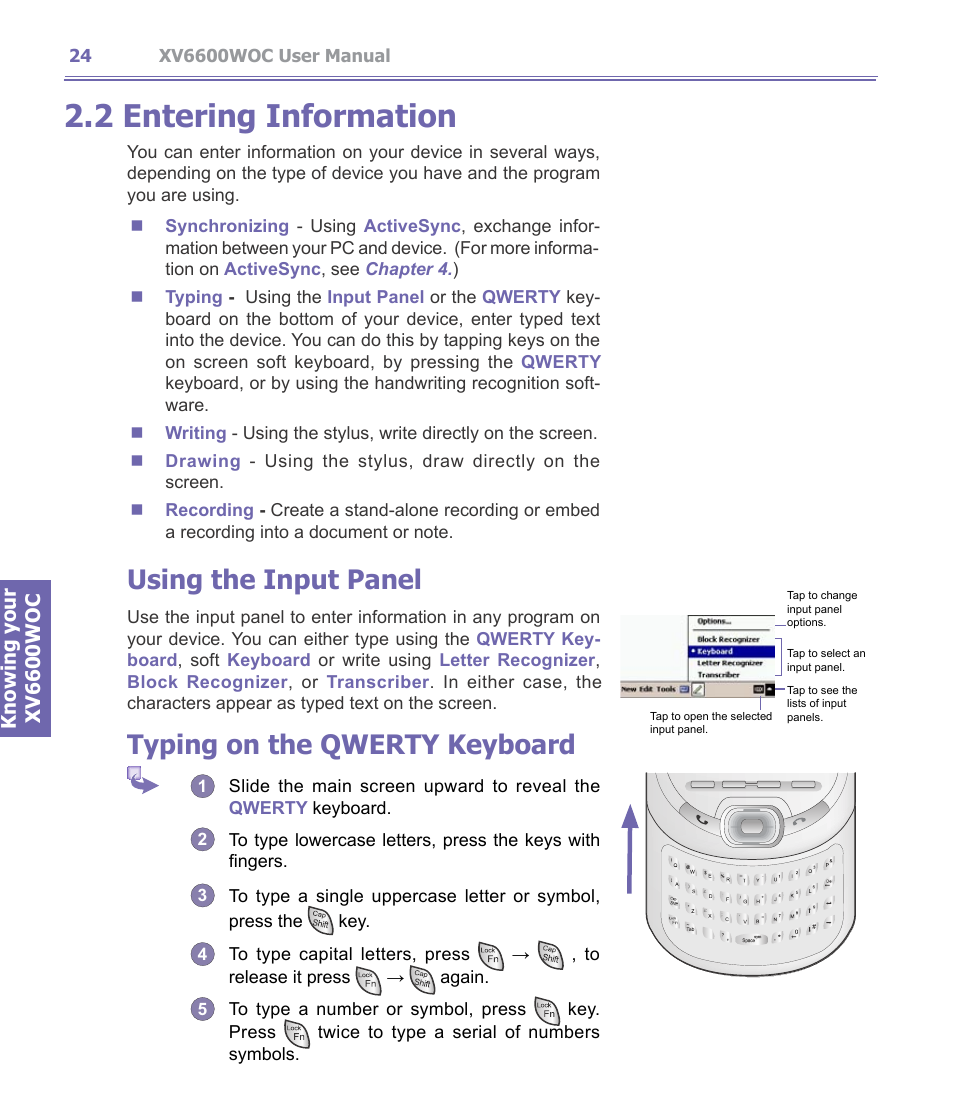 2 entering information, Using the input panel, Typing on the qwerty keyboard | Verizon Wireless XV6600WOC User Manual | Page 24 / 158