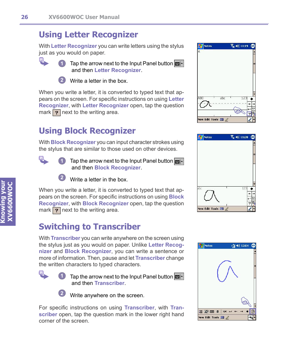 Using letter recognizer, Using block recognizer, Switching to transcriber | Verizon Wireless XV6600WOC User Manual | Page 26 / 158