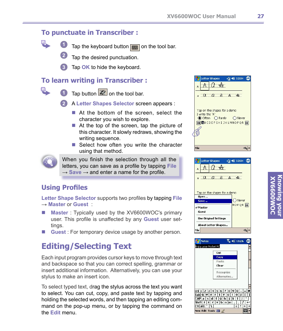 Editing/selecting text, Using profiles | Verizon Wireless XV6600WOC User Manual | Page 27 / 158
