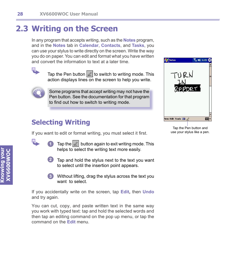 3 writing on the screen, Writing on the screen, Selecting writing | Verizon Wireless XV6600WOC User Manual | Page 28 / 158