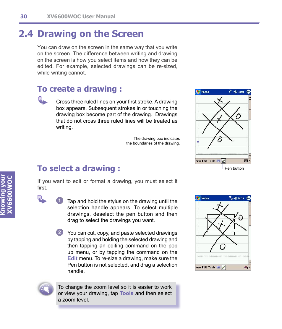 4 drawing on the screen, Drawing on the screen | Verizon Wireless XV6600WOC User Manual | Page 30 / 158
