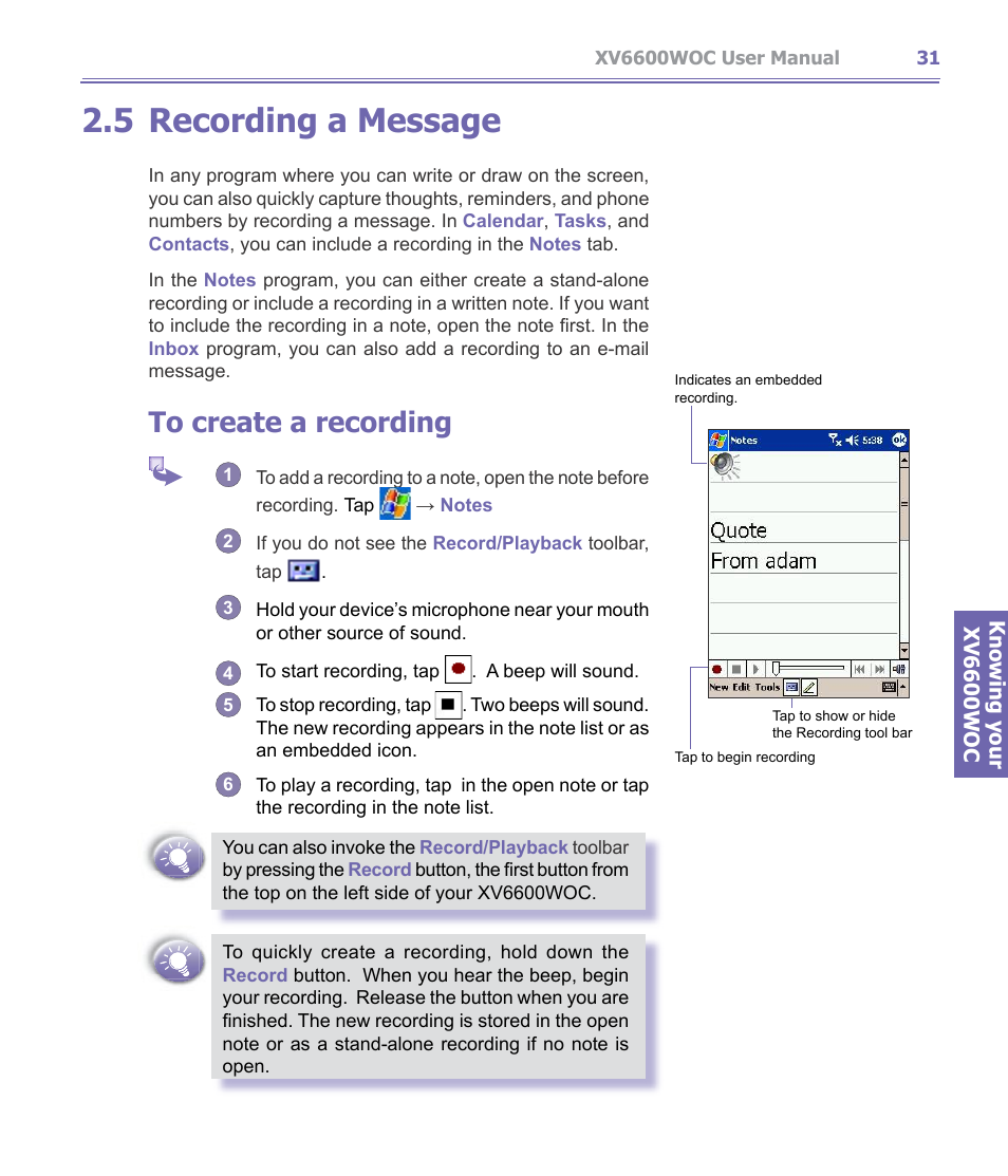 5 recording a message, Recording a message | Verizon Wireless XV6600WOC User Manual | Page 31 / 158