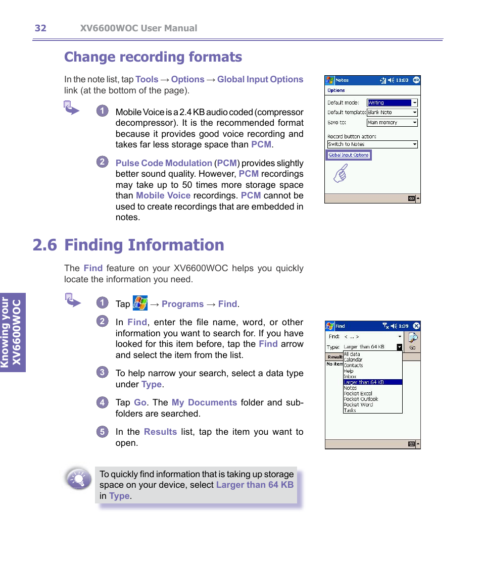 6 finding information, Finding information, Change recording formats | Verizon Wireless XV6600WOC User Manual | Page 32 / 158