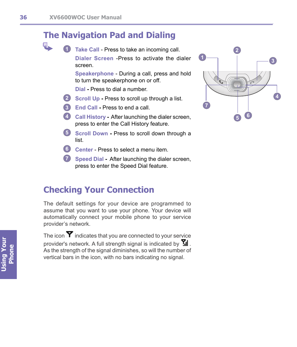 The navigation pad and dialing, Checking your connection | Verizon Wireless XV6600WOC User Manual | Page 36 / 158