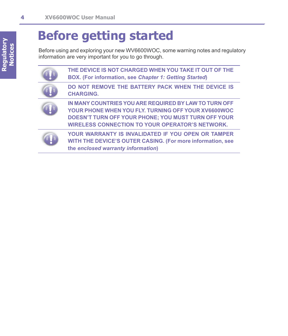 Before getting started | Verizon Wireless XV6600WOC User Manual | Page 4 / 158