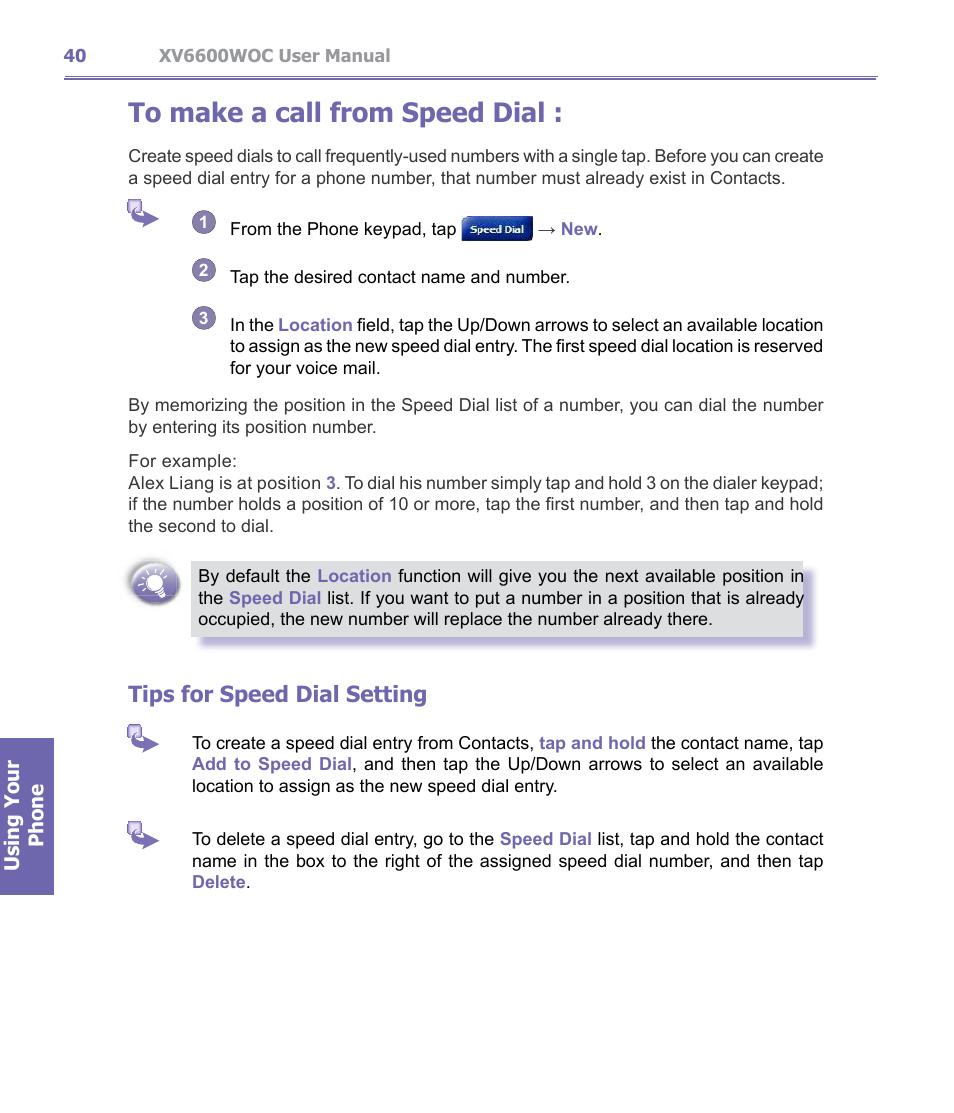 Tips for speed dial setting | Verizon Wireless XV6600WOC User Manual | Page 40 / 158