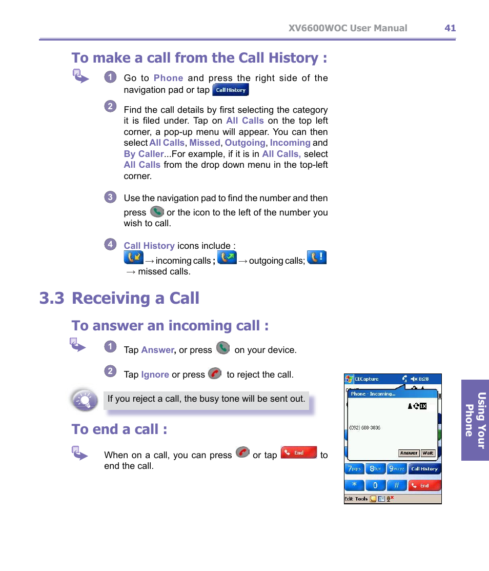 3 receiving a call, Receiving a call | Verizon Wireless XV6600WOC User Manual | Page 41 / 158