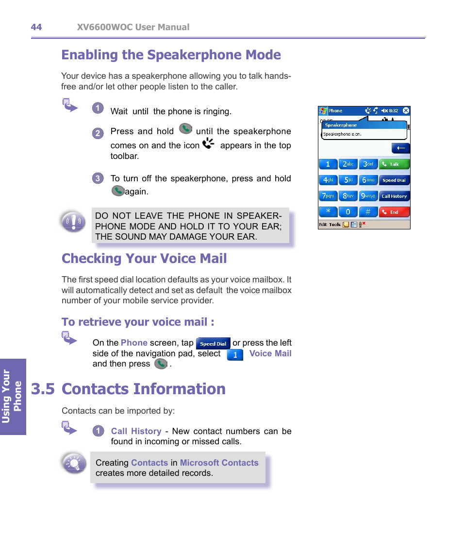 5 contacts information, Contacts information, Checking your voice mail | Enabling the speakerphone mode | Verizon Wireless XV6600WOC User Manual | Page 44 / 158