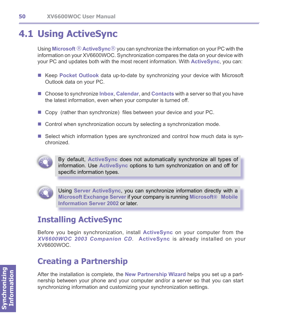 1 using activesync, Using activesync, Installing activesync | Creating a partnership | Verizon Wireless XV6600WOC User Manual | Page 50 / 158