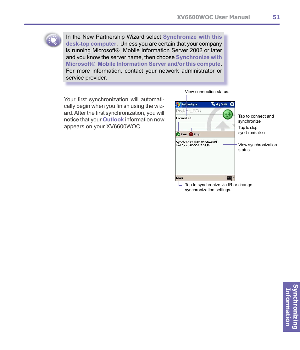 Synchronizing information | Verizon Wireless XV6600WOC User Manual | Page 51 / 158