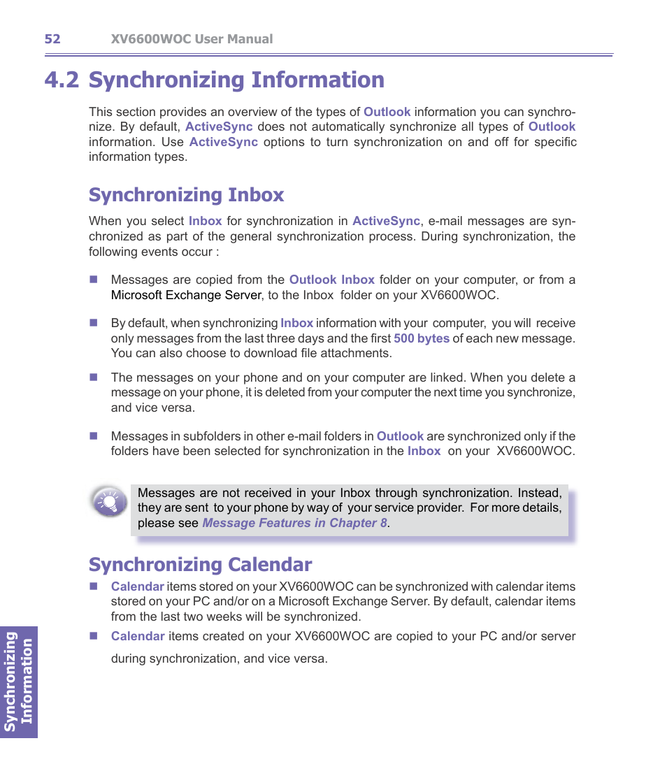 2 synchronizing information, Synchronizing information, Synchronizing inbox | Synchronizing calendar | Verizon Wireless XV6600WOC User Manual | Page 52 / 158