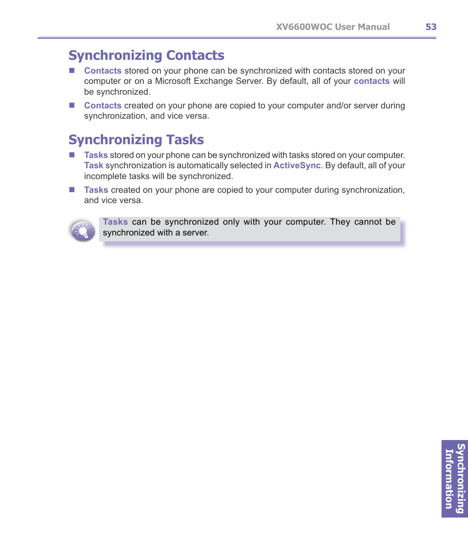 Synchronizing contacts, Synchronizing tasks | Verizon Wireless XV6600WOC User Manual | Page 53 / 158