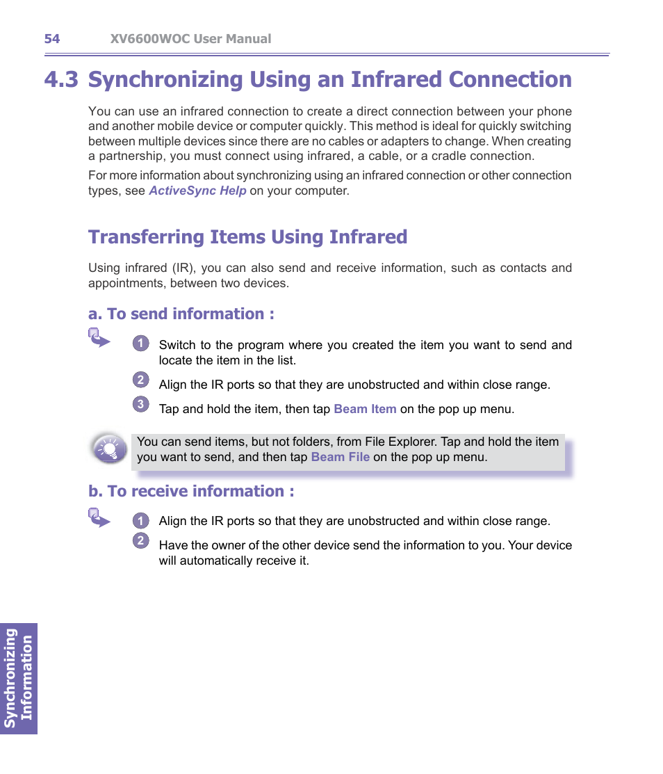 3 synchronizing using an infrared connection, Synchronizing using an infrared, Connection | Transferring items using infrared, A. to send information, B. to receive information | Verizon Wireless XV6600WOC User Manual | Page 54 / 158