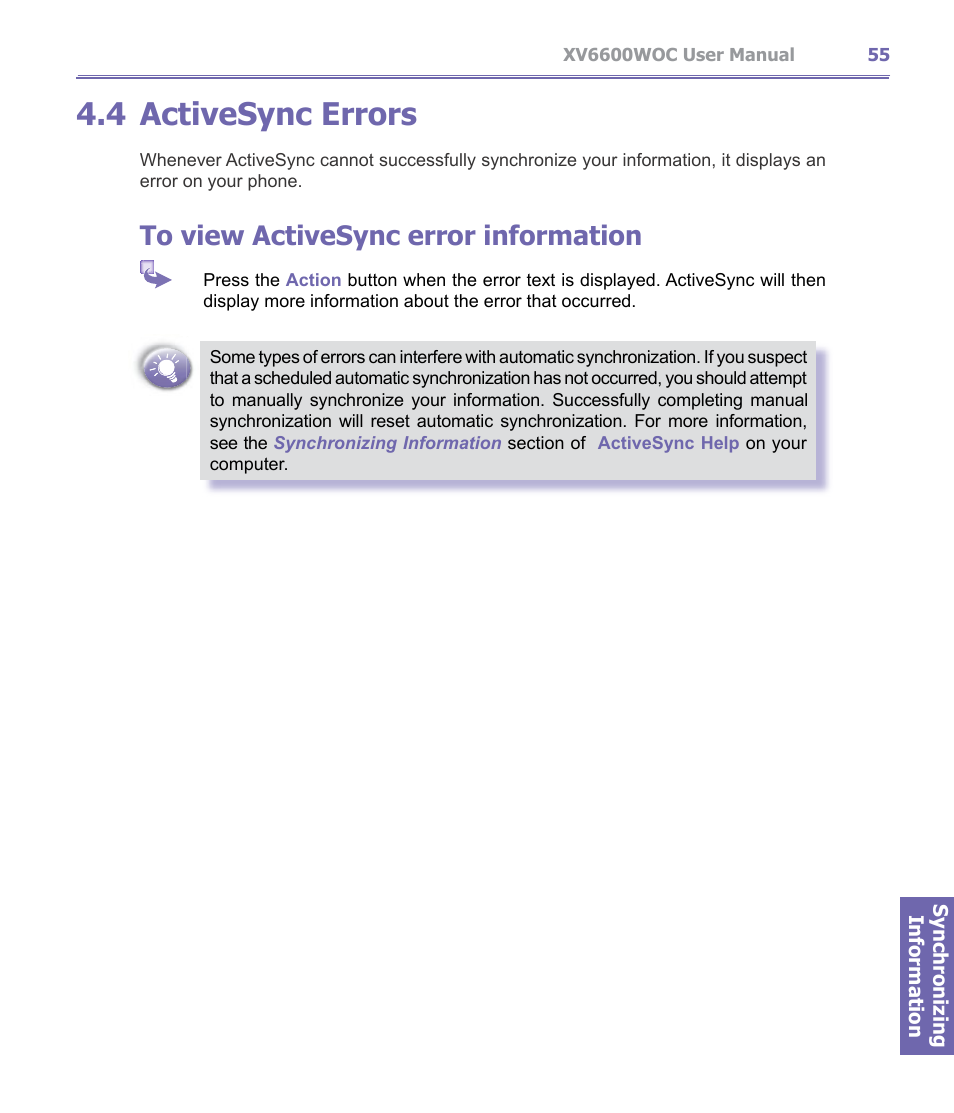 4 activesync errors, Activesync errors | Verizon Wireless XV6600WOC User Manual | Page 55 / 158