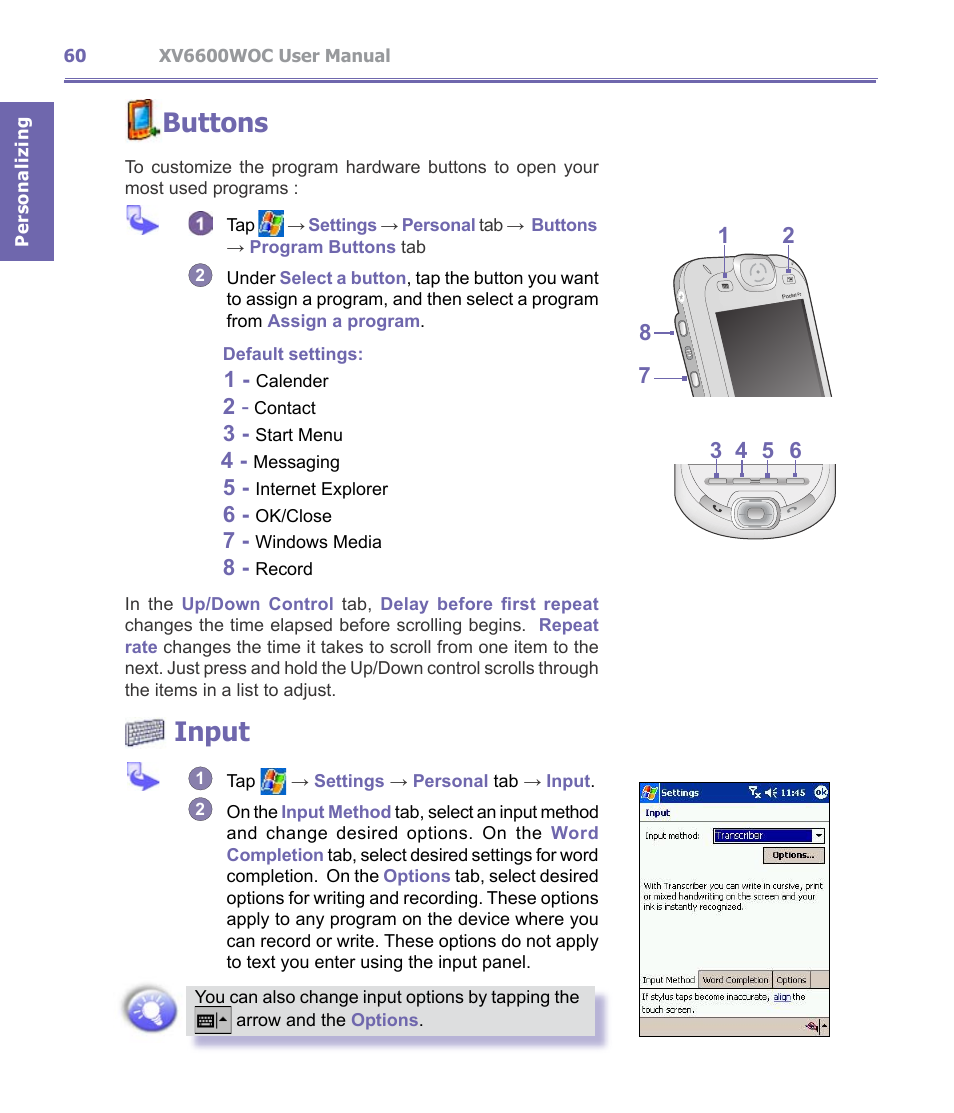 Buttons, Input | Verizon Wireless XV6600WOC User Manual | Page 60 / 158