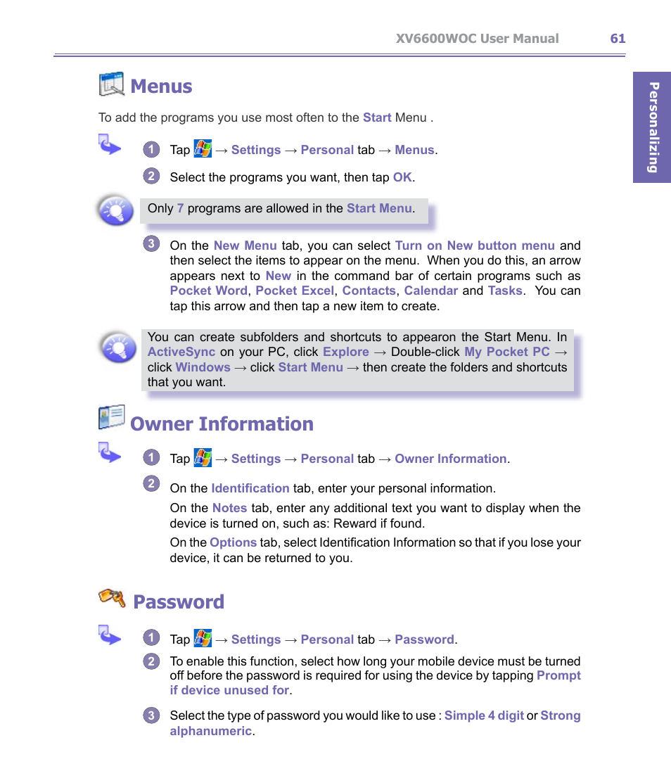 Menus, Owner information, Password | Verizon Wireless XV6600WOC User Manual | Page 61 / 158