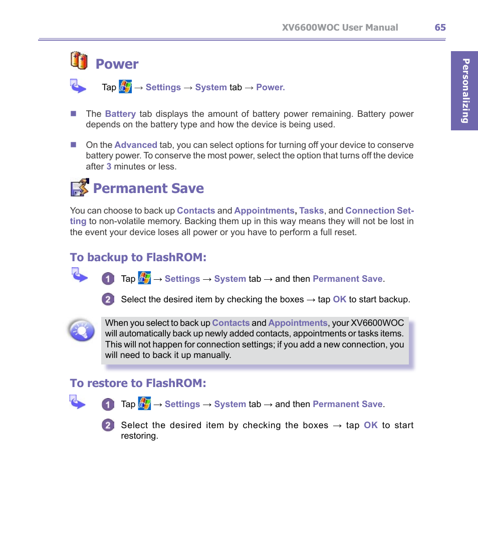Power, Permanent save | Verizon Wireless XV6600WOC User Manual | Page 65 / 158