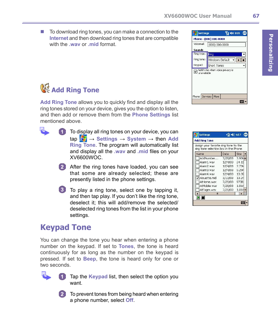 Keypad tone, Add ring tone | Verizon Wireless XV6600WOC User Manual | Page 67 / 158