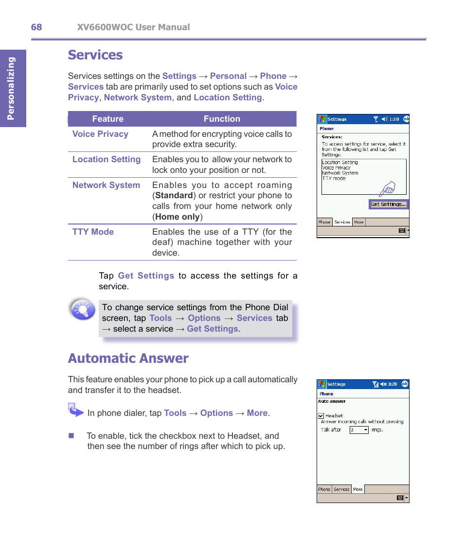 Services, Automatic answer | Verizon Wireless XV6600WOC User Manual | Page 68 / 158