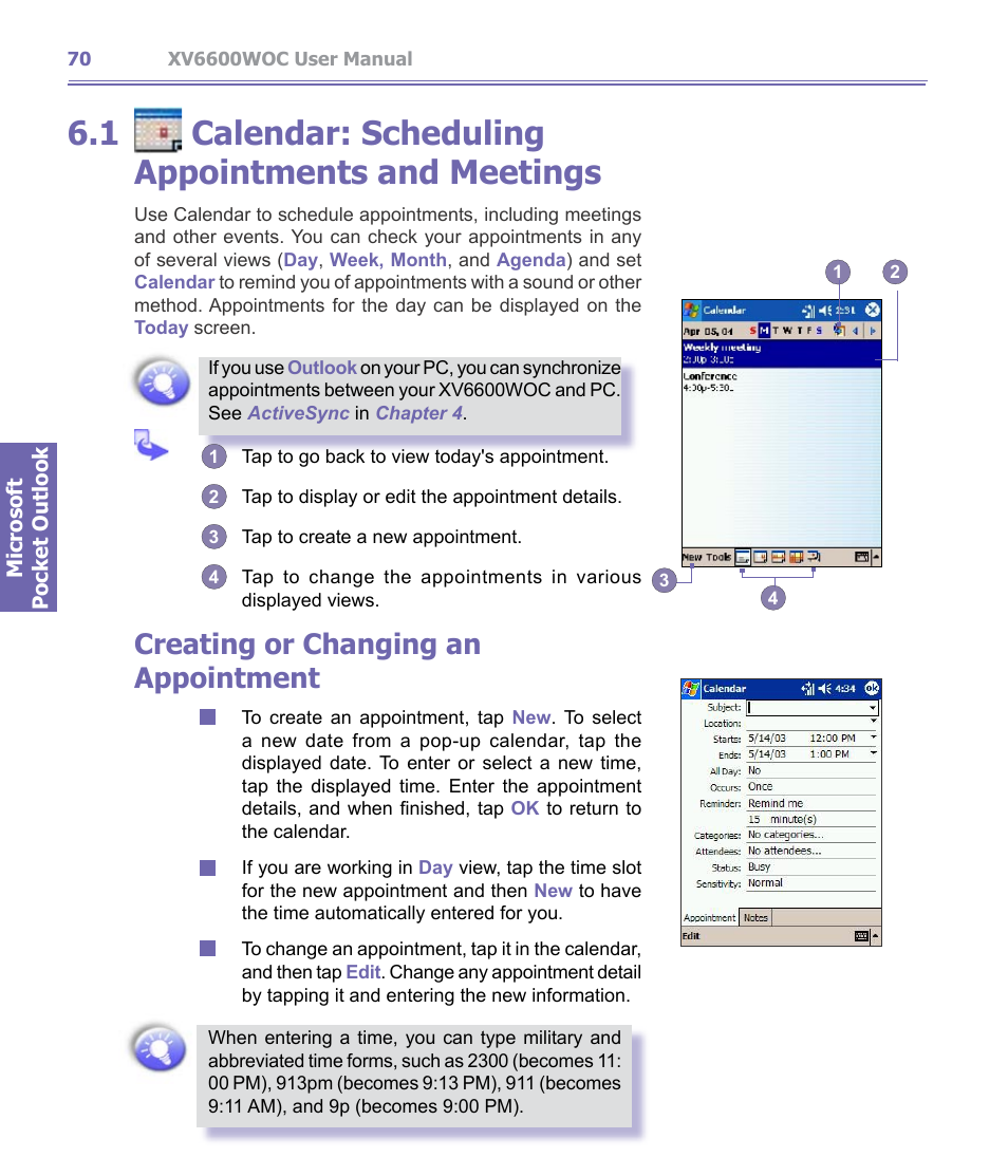 Calendar, 1 calendar: scheduling appointments and meetings, Creating or changing an appointment | Verizon Wireless XV6600WOC User Manual | Page 70 / 158