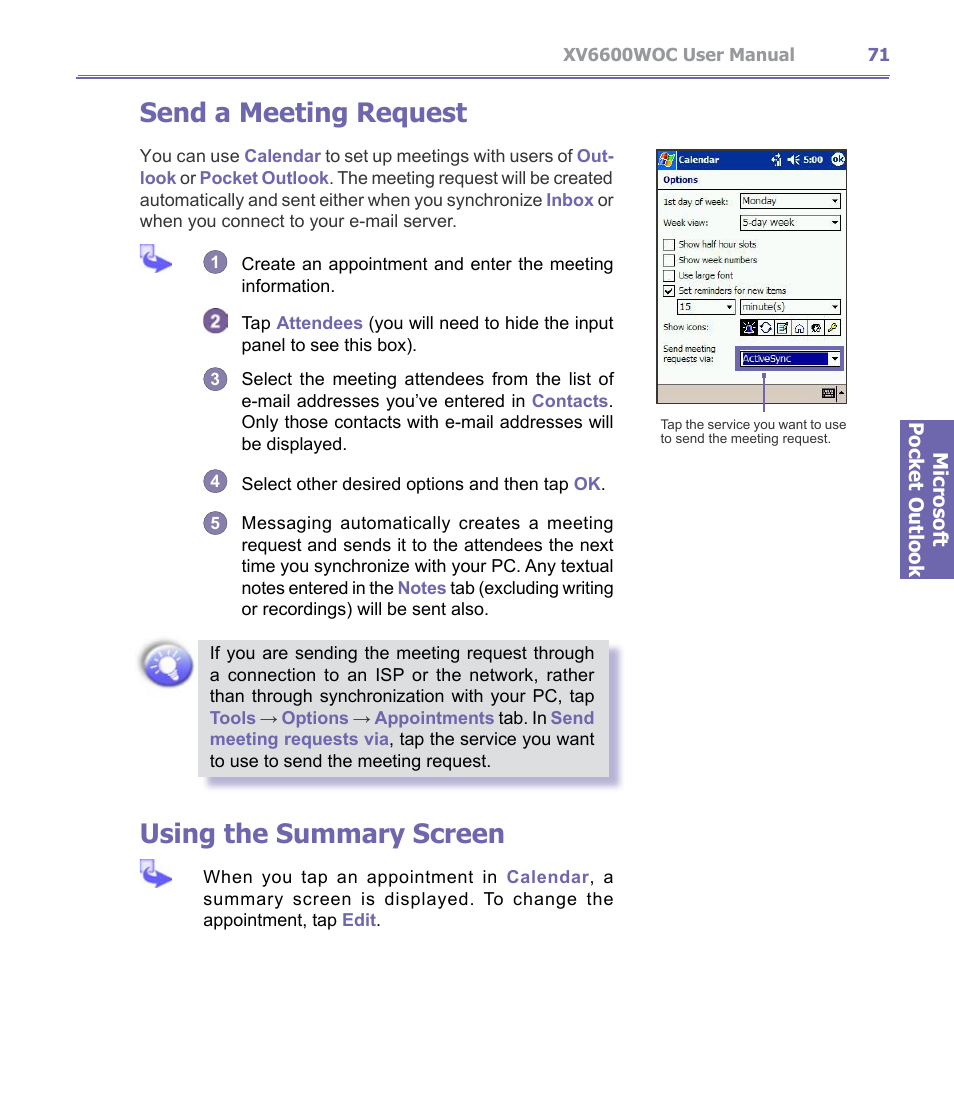 Send a meeting request, Using the summary screen | Verizon Wireless XV6600WOC User Manual | Page 71 / 158