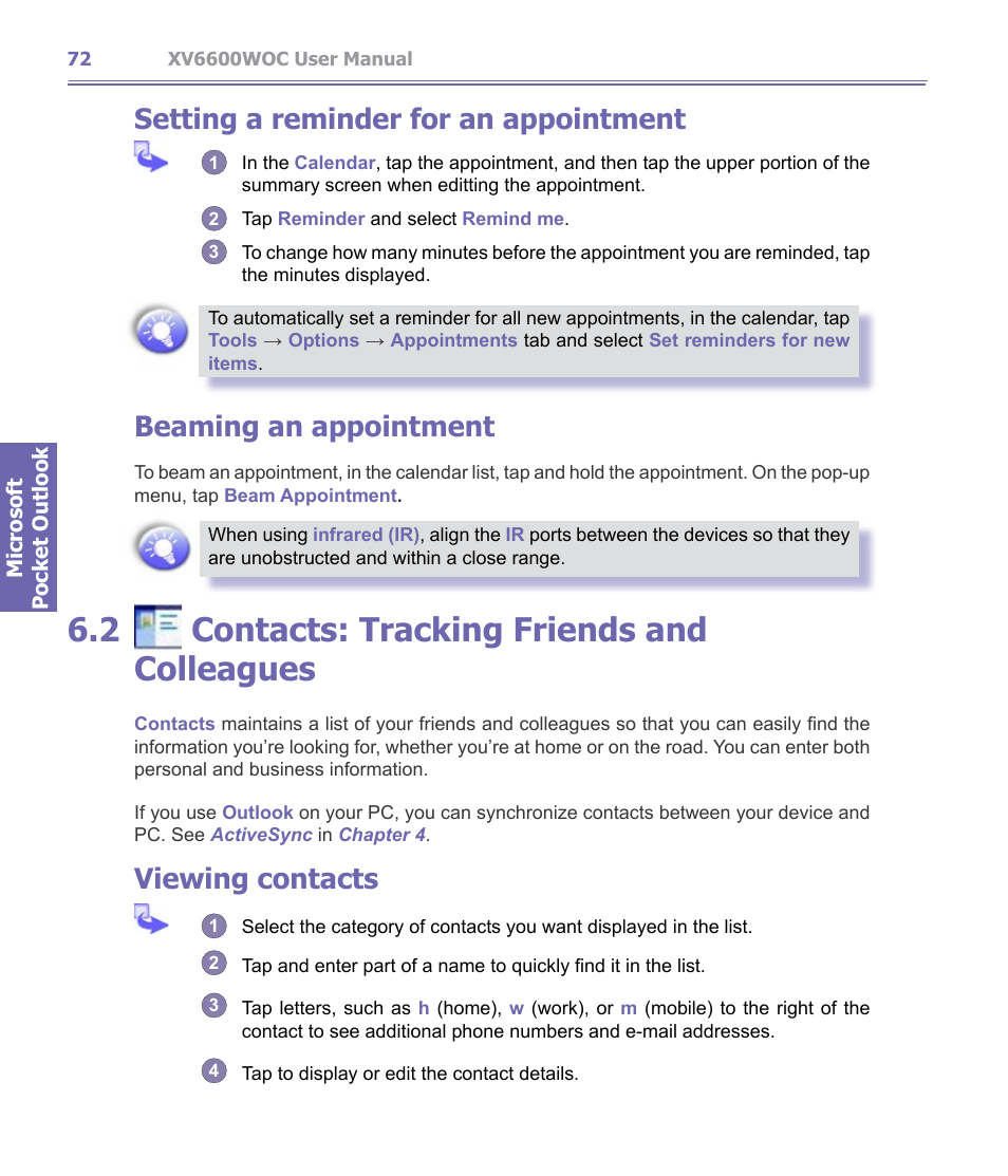 2 ￼ contacts : tracking friends and colleagues, Contacts, 2 contacts: tracking friends and colleagues | Setting a reminder for an appointment, Beaming an appointment, Viewing contacts | Verizon Wireless XV6600WOC User Manual | Page 72 / 158