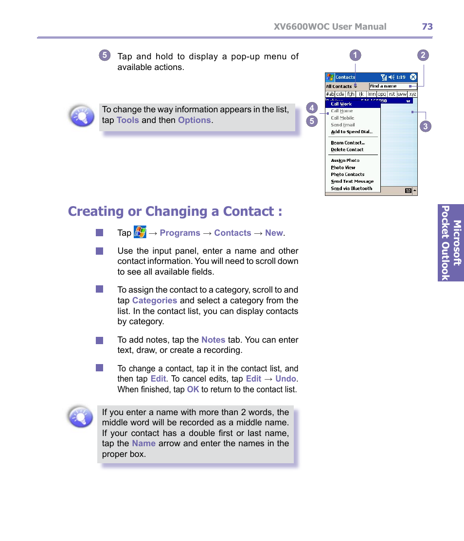 Creating or changing a contact | Verizon Wireless XV6600WOC User Manual | Page 73 / 158