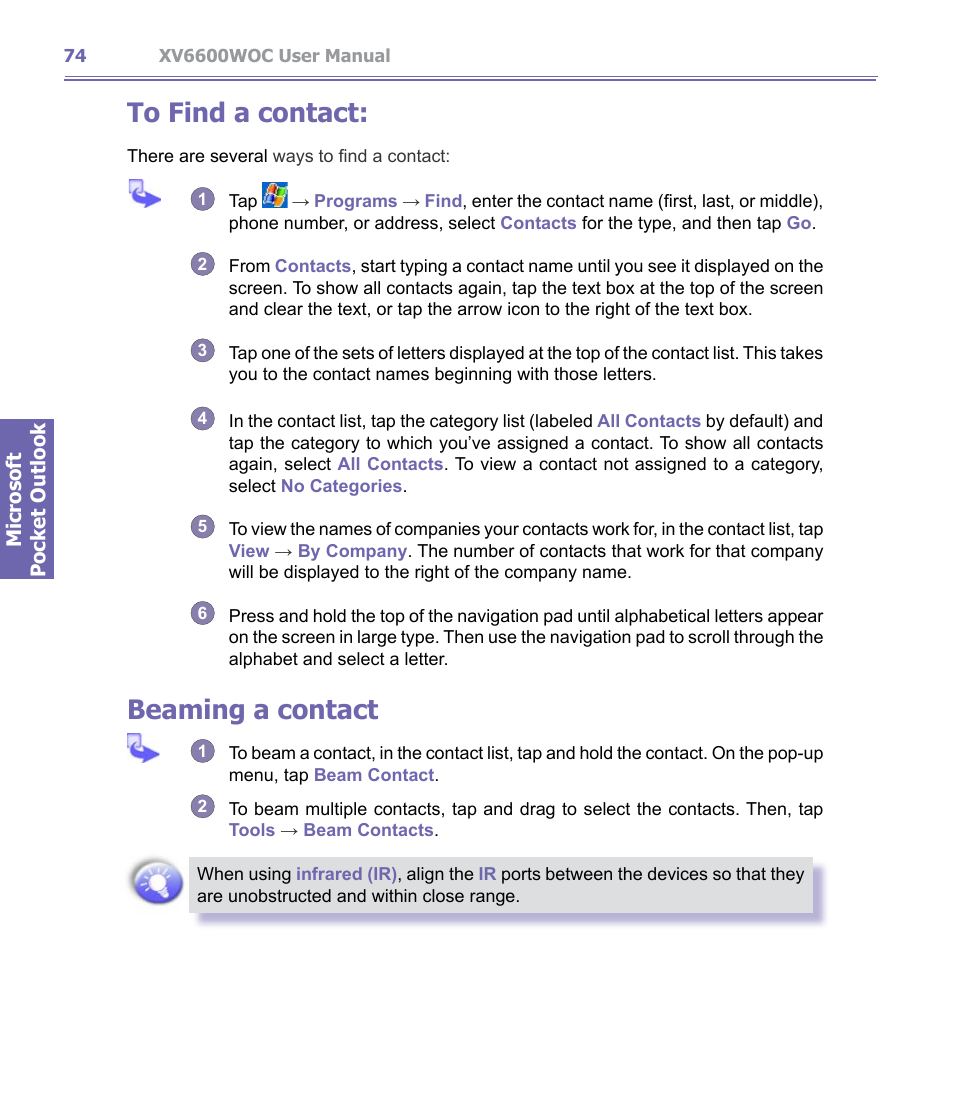 Beaming a contact | Verizon Wireless XV6600WOC User Manual | Page 74 / 158