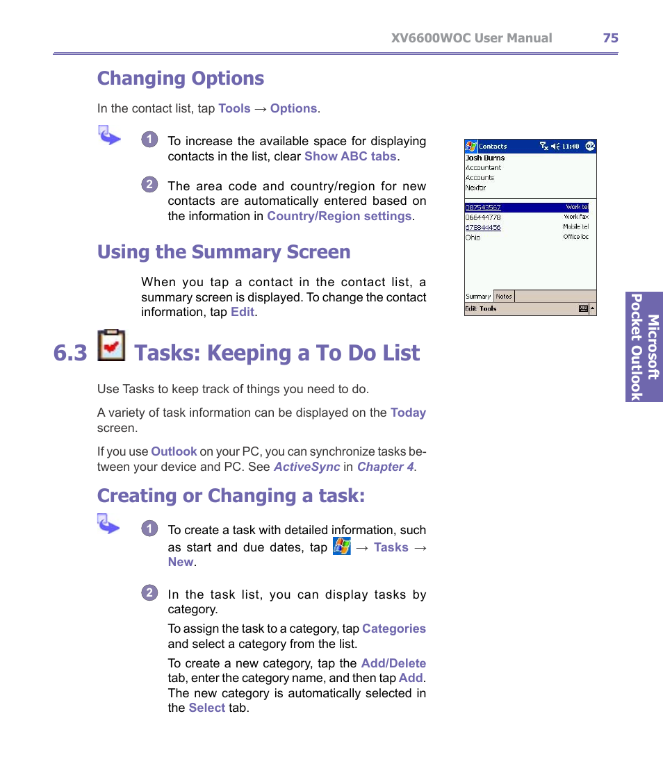 3 ￼ tasks : keeping a to do list, Tasks, 3 tasks: keeping a to do list | Changing options, Using the summary screen, Creating or changing a task | Verizon Wireless XV6600WOC User Manual | Page 75 / 158