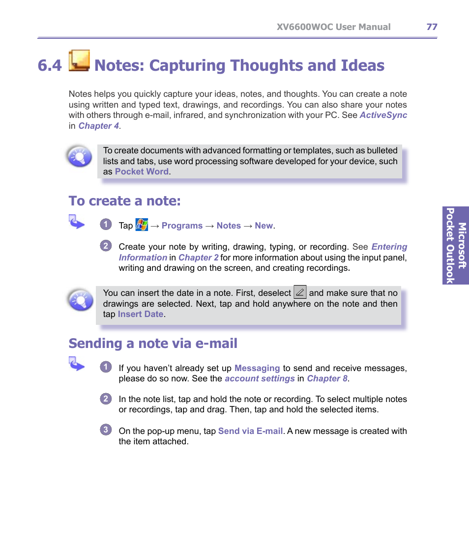 4 ￼ notes : capturing thoughts and ideas, Notes | Verizon Wireless XV6600WOC User Manual | Page 77 / 158