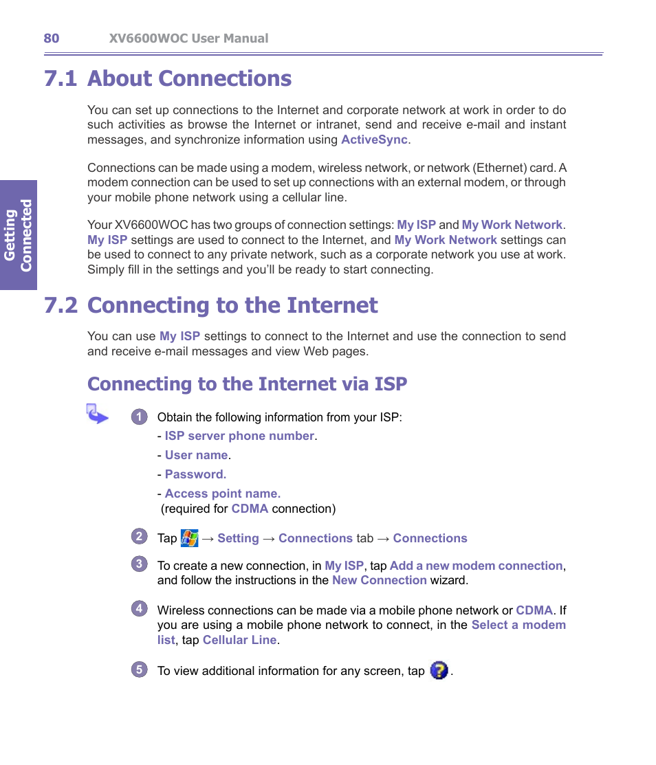 1 about connections, 2 connect to the internet, About connections | Connecting to the internet, 2 connecting to the internet, Connecting to the internet via isp | Verizon Wireless XV6600WOC User Manual | Page 80 / 158